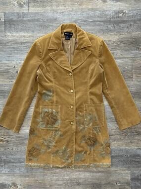 Tristan & Iseut Hand Painted Boho Tan Long Jacket Cottagecore Grandmacore SZ M